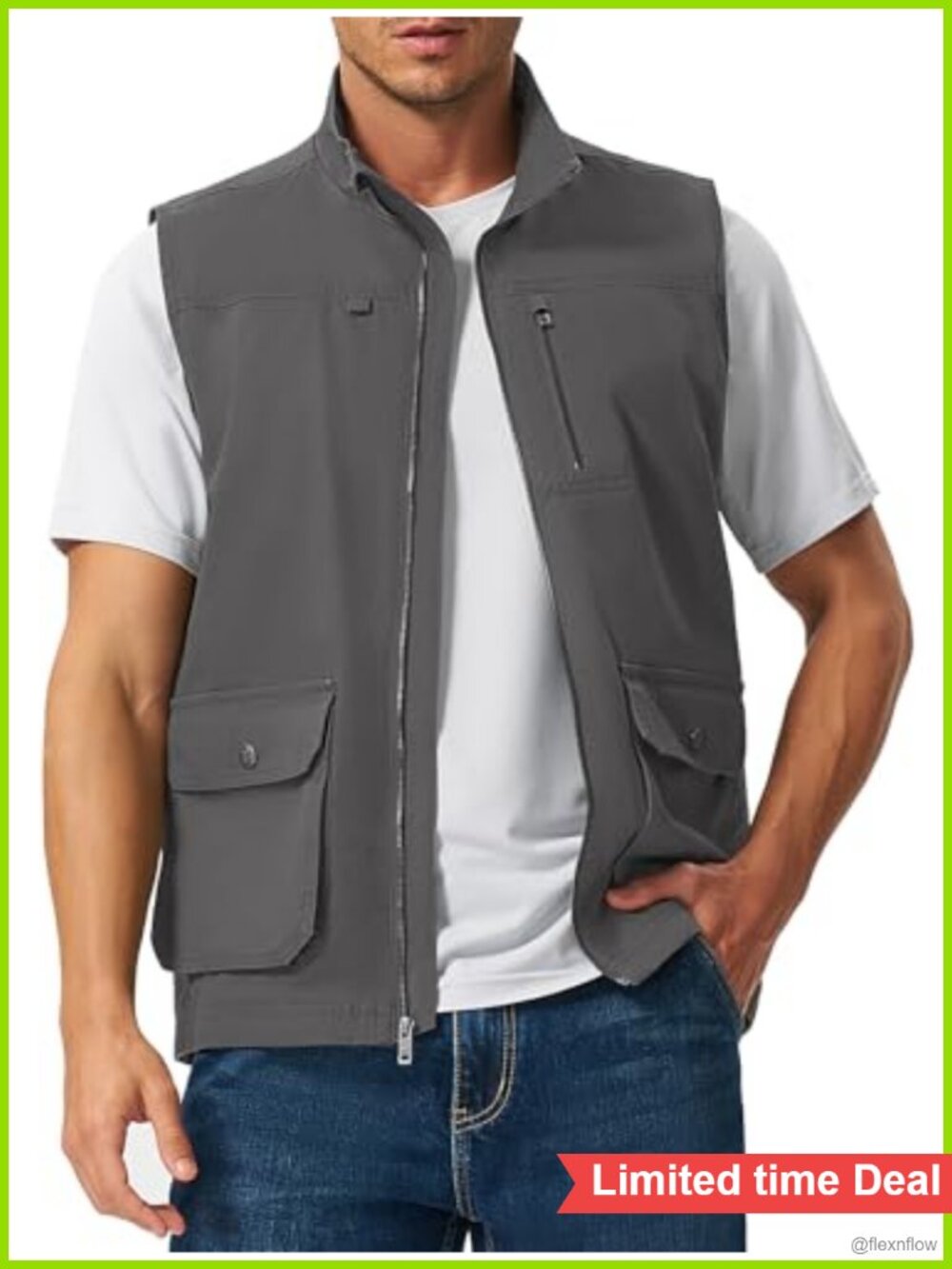 Men's Safari Vest 100% Cotton Utility Work Vest Full Zip Multi-Pocket